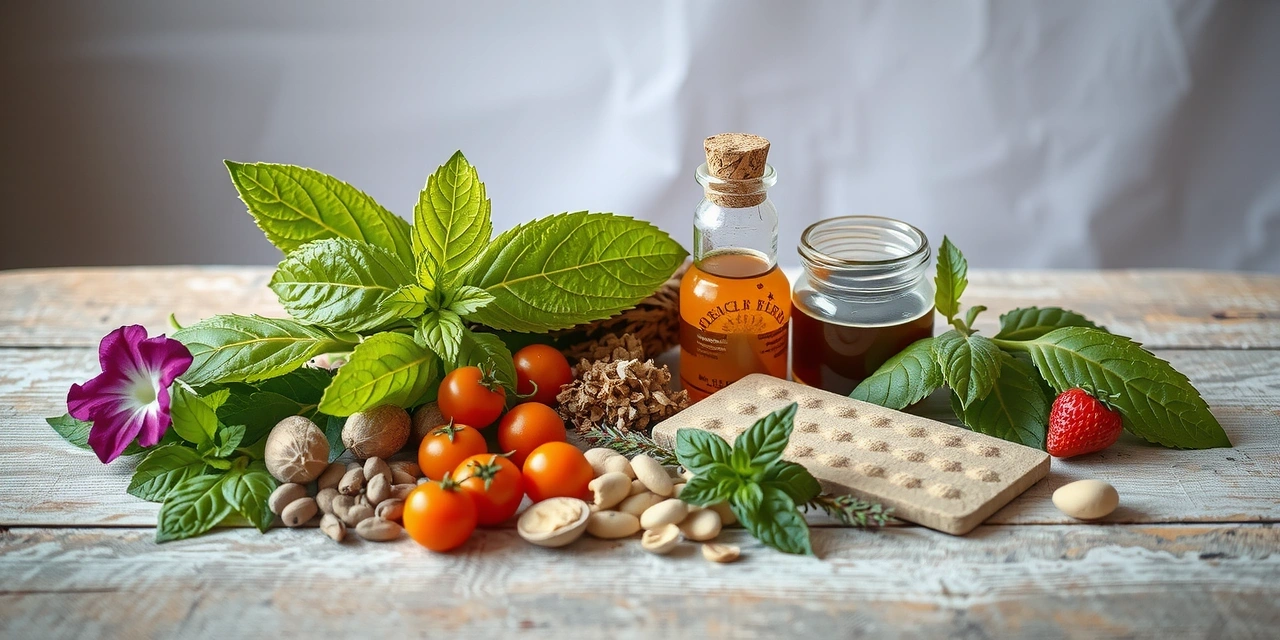 Plante medicinale și ierburi aromate, evocând remedii naturale.