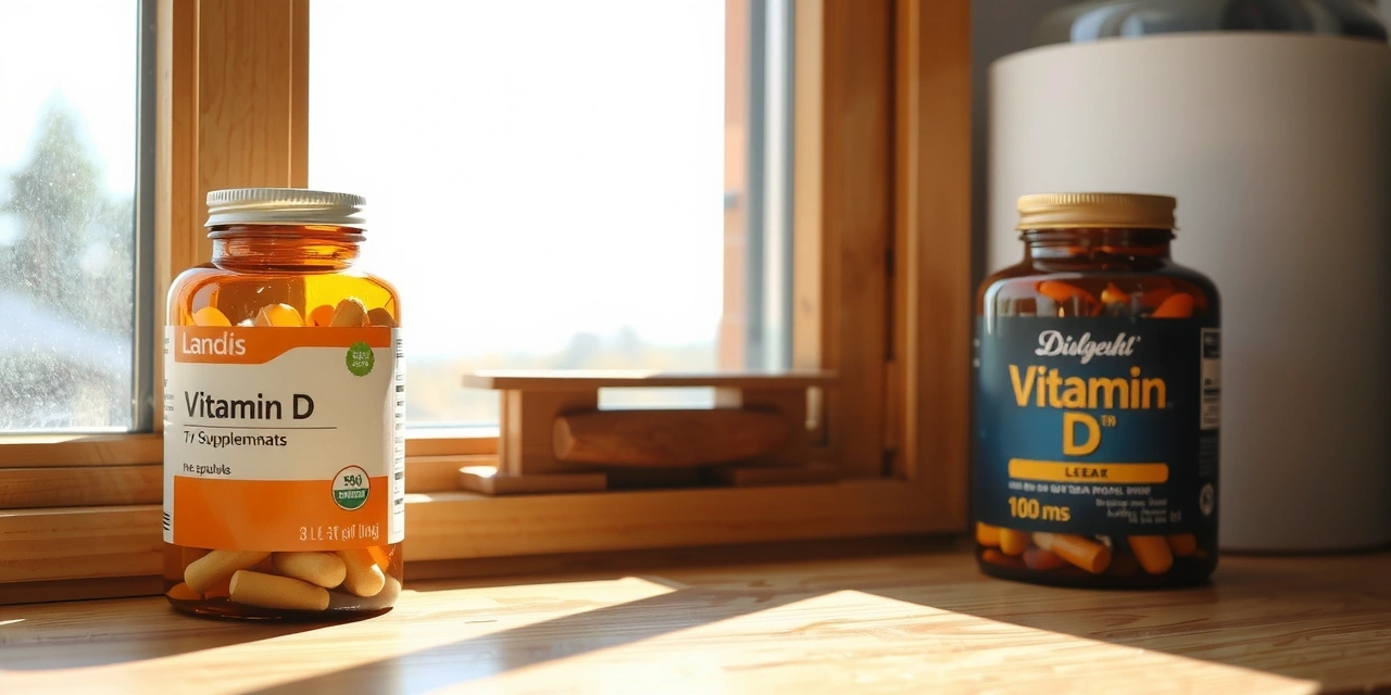 Suplimente de vitamina D și lumina soarelui, reprezentând surse naturale.