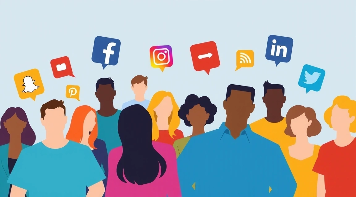 Persoane conectate prin rețele sociale, cu iconițe de social media plutind în jurul lor