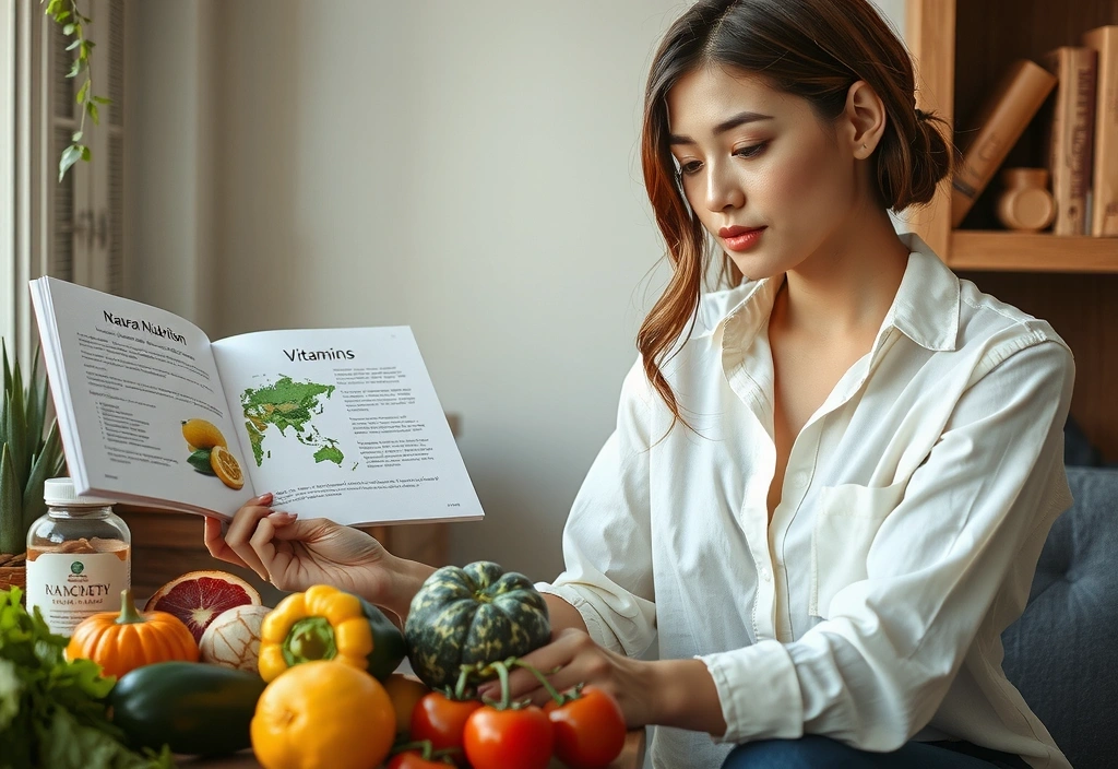 Femeie citind despre nutriție și vitamine naturale