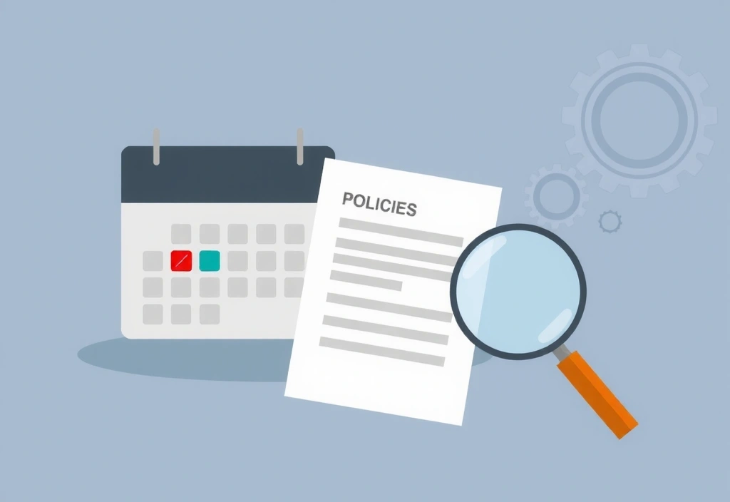 Ilustrație cu un calendar și o lupă, simbolizând revizuirea și actualizarea regulilor